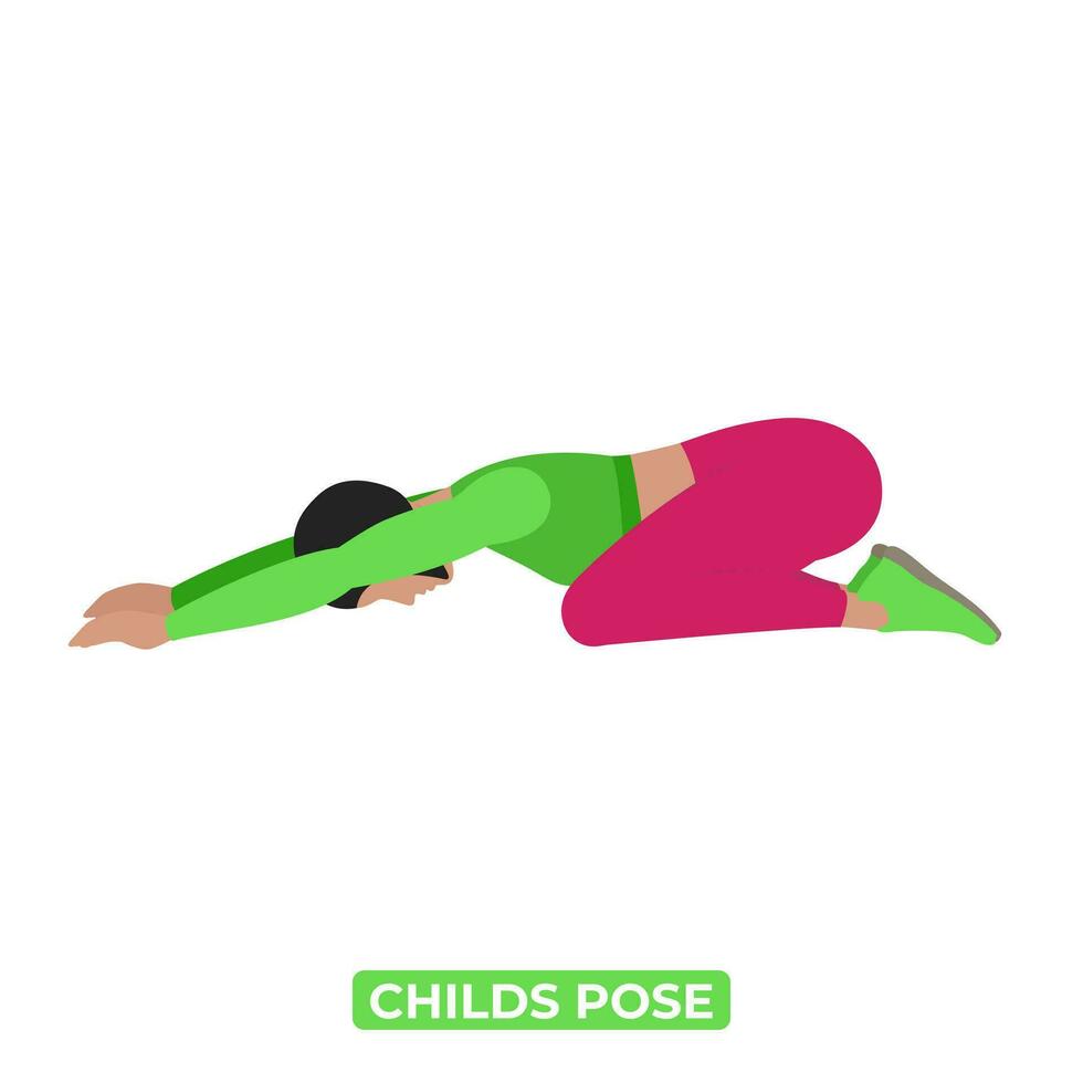Vektor Frau tun Kinder Pose strecken. balasana. ein lehrreich Illustration auf ein Weiß Hintergrund.