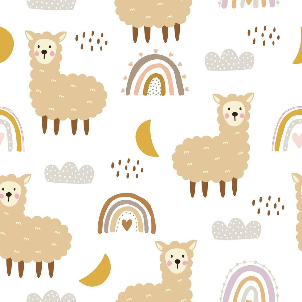 Kindergarten nahtlos Muster mit süß Figuren. Lama mit Regenbogen im Karikatur Stil Designs zum Neugeborene tragen, Textilien und Hintergrund. vektor