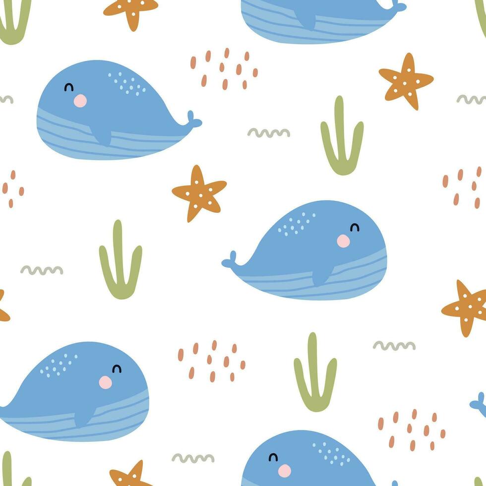 Baumschule Musterdesign Wal im Meer handgezeichnetes Design im Cartoon-Stil für Textilien, Drucke, Tapeten, Vektorillustration vektor