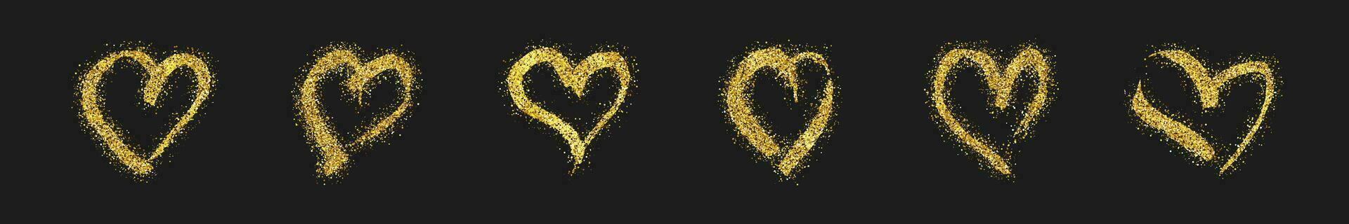 uppsättning av sex guld glitter klotter hjärtan på mörk bakgrund. guld grunge hand dragen hjärta. romantisk kärlek symbol. vektor illustration.