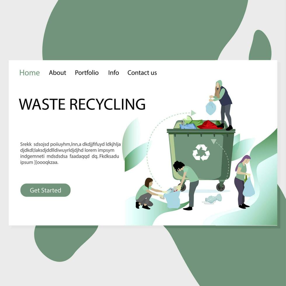 avfall återvinning landning sida, människor plocka upp sopor och samla in i bin. vektor återvinna avfall, deponi hemsida illustration