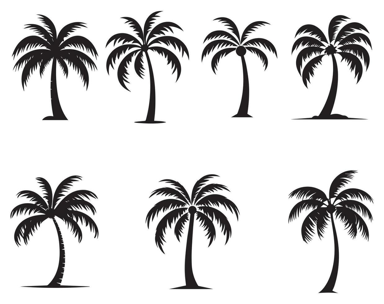 Kokosnuss Baum Symbol Satz. eben Stil schwarz auf Weiß Vektor Illustration.