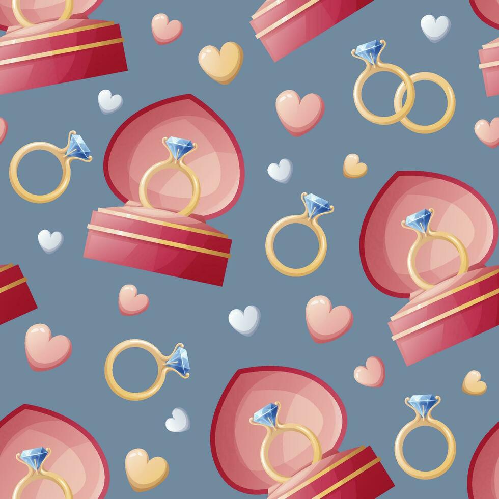 nahtlos Muster mit Hochzeit Gold Ringe im ein Box mit Herzen. großartig zum Verpackung Papier, Stoff, Hintergrund, Textilien. Hintergrund zum Valentinstag Tag. vektor