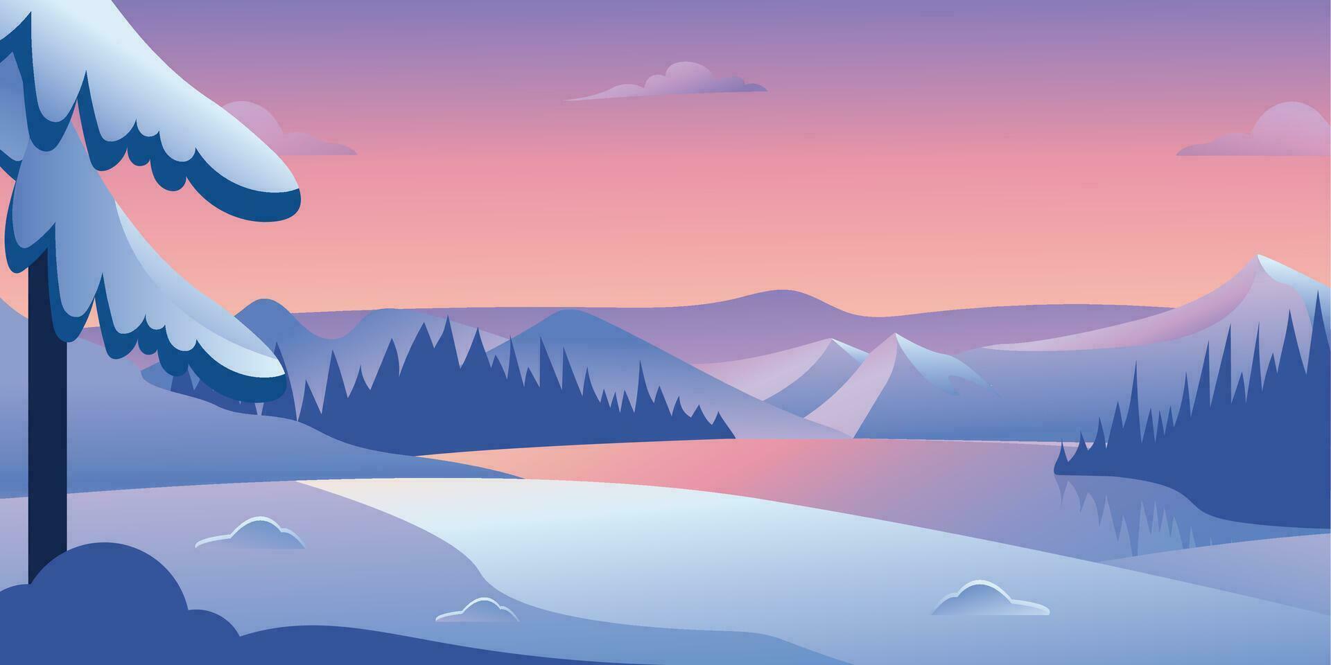 Vektor Illustration von ein schneebedeckt Winter Landschaft beim Sonnenuntergang mit Kiefer Bäume, Berge und See