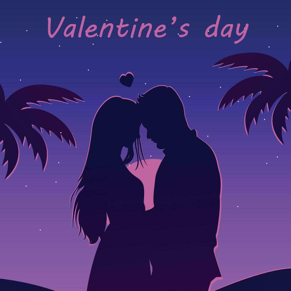 Valentinstag Tag Karte. Silhouette von ein Paar im Liebe gegen das Hintergrund von ein Sonnenuntergang im ein tropisch Land vektor