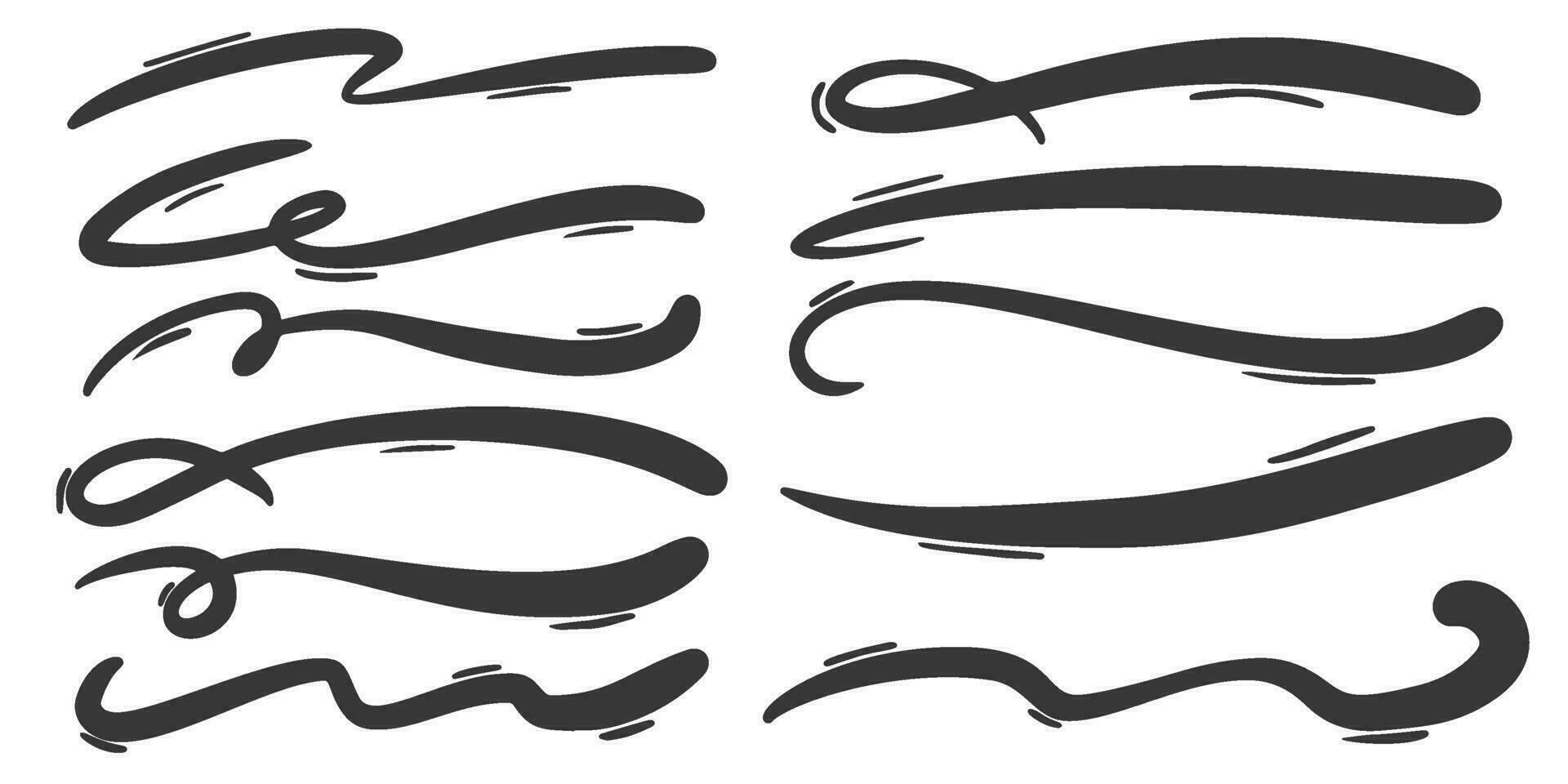 Swoops Swoops und Swishes Kalligrafiezeichen. unterstreicht handgezeichnete Striche. Vektorsymbole gesetzt. vektor