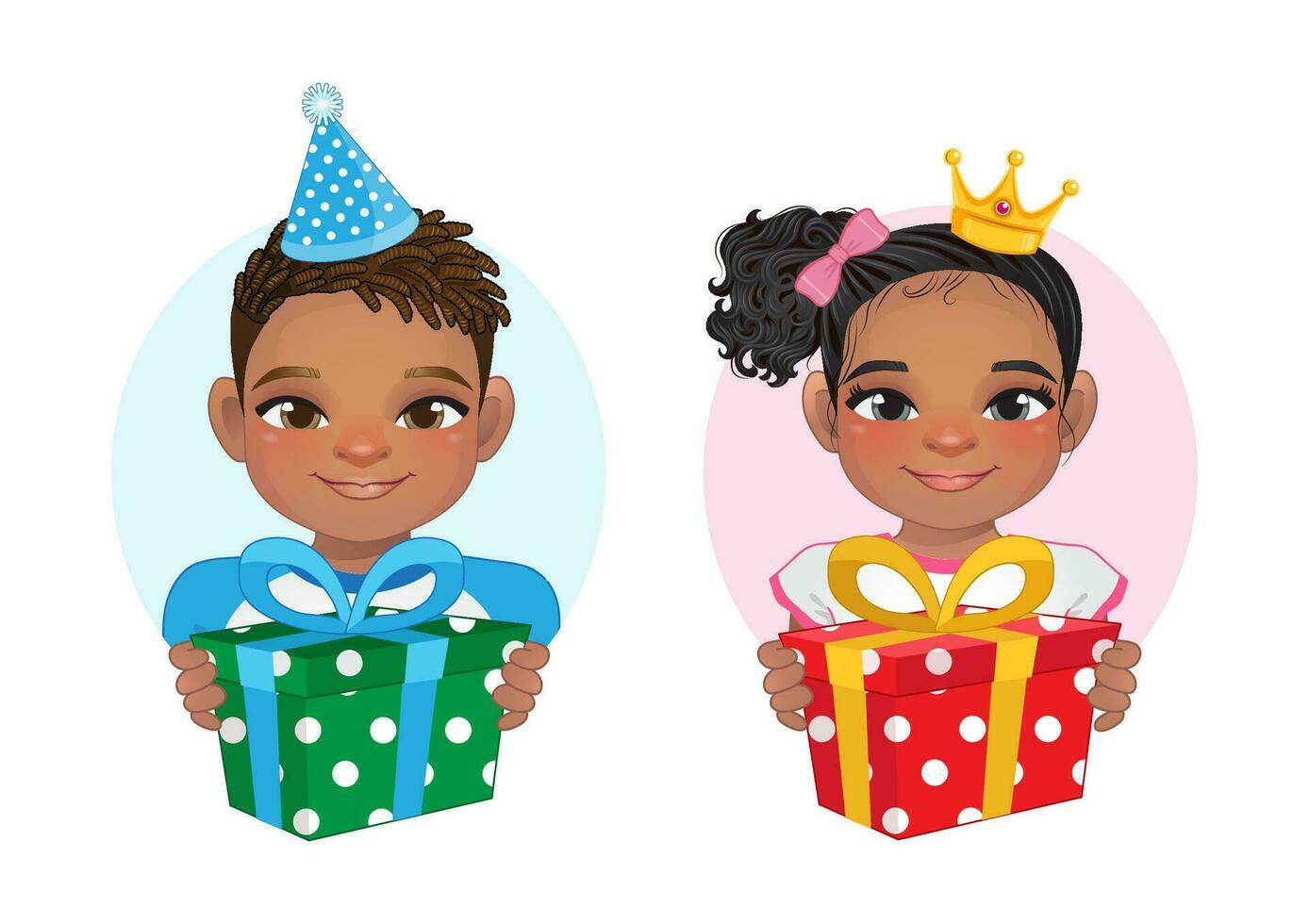 Geburtstag Party Konzept mit amerikanisch afrikanisch Junge und Mädchen halten Geschenk Box Karikatur Charakter Vektor