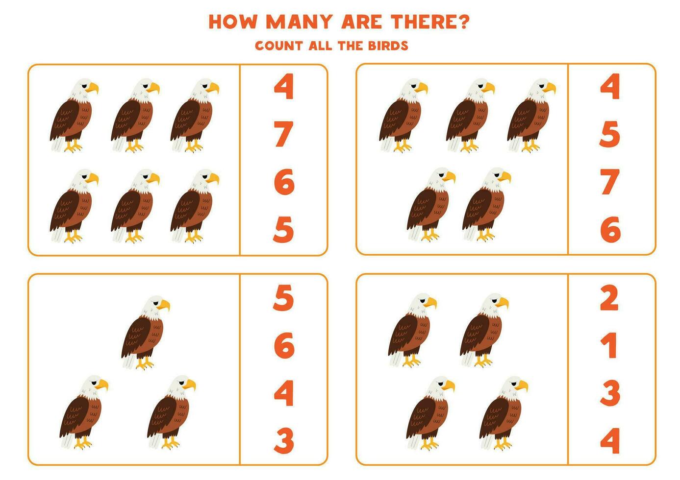 räkna Allt söt tecknad serie skallig eagles och cirkel de korrekt svarar. vektor