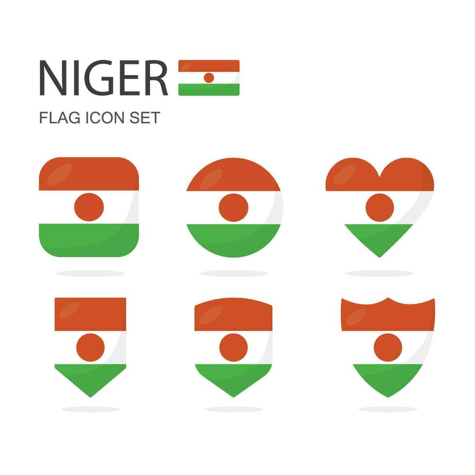 Niger 3d Flagge Symbole von 6 Formen alle isoliert auf Weiß Hintergrund. vektor