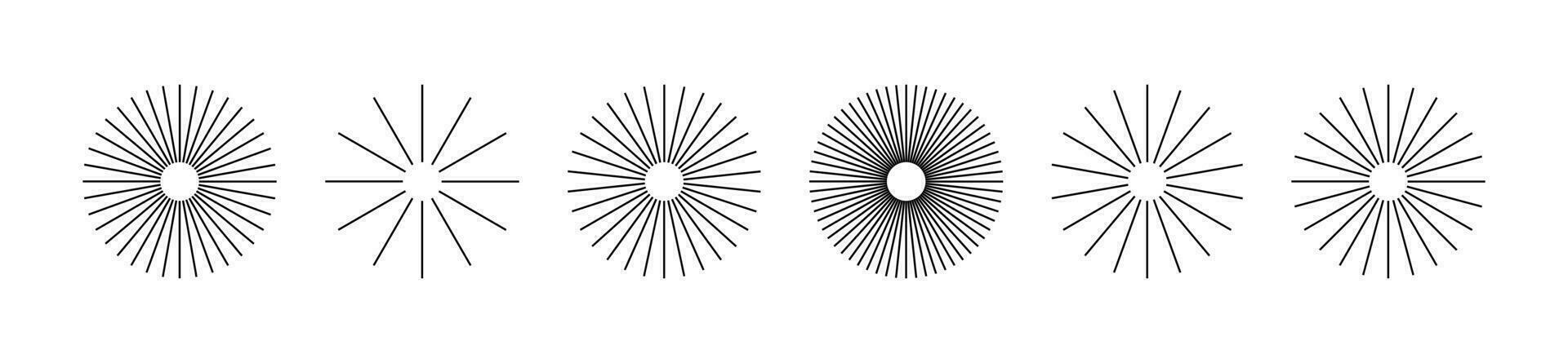 starburst rand runda uppsättning. stråle rader utgå från de Centrum av de cirkel. packa av geometrisk element. isolerat vektor illustration på vit bakgrund.