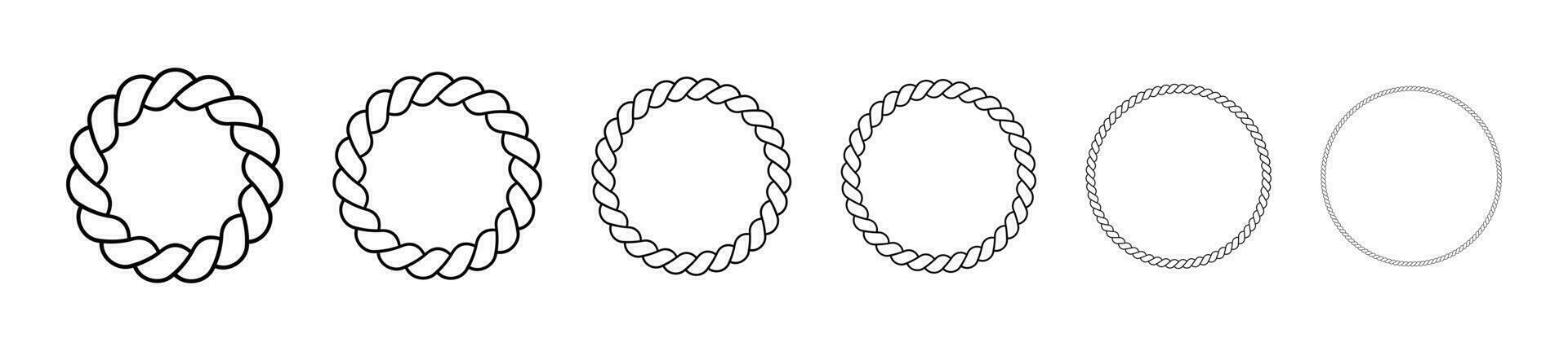 runda ramar tillverkad av rep. cirkel gränser tillverkad av flätad sladd. vektor uppsättning av tunn och tjock element isolerat på en vit bakgrund.