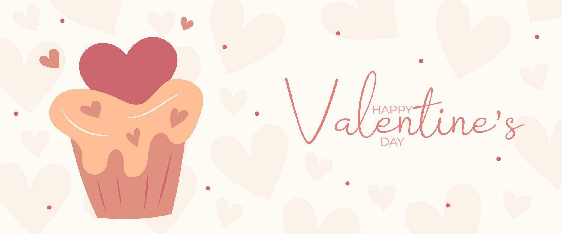 Hand zeichnen Banner mit Cupcake und Herzen zum Valentinstag Tag. glücklich Valentinstag Tag und Taste lesen mehr. Pfirsich Flaum, Rot, Braue und Rosa Farben.Cartoon Stil. Netz Vektor Illustration