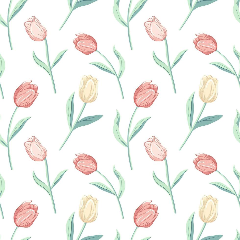 vektor sömlös mönster med tulpaner. vår bakgrund. romantisk blomma mönster hand ritade.
