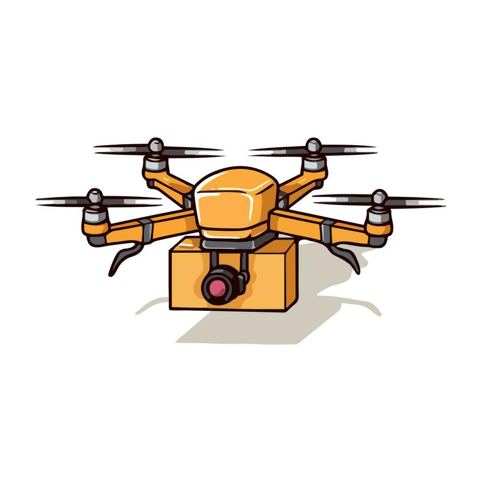Quadcopter Antenne Drohne mit Kamera und Ladung Box zum Lieferung Bedienung isoliert auf Weiß Hintergrund. Karikatur Stil. Vektor Illustration zum irgendein Design.