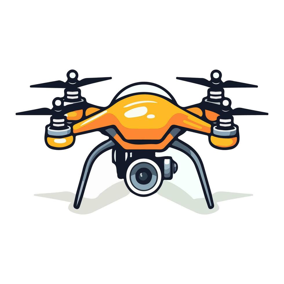 Quadcopter Antenne Drohne mit Kamera zum Fotografie, Video Überwachung oder Lieferung isoliert auf Weiß Hintergrund. Karikatur Stil. Vektor Illustration zum irgendein Design.