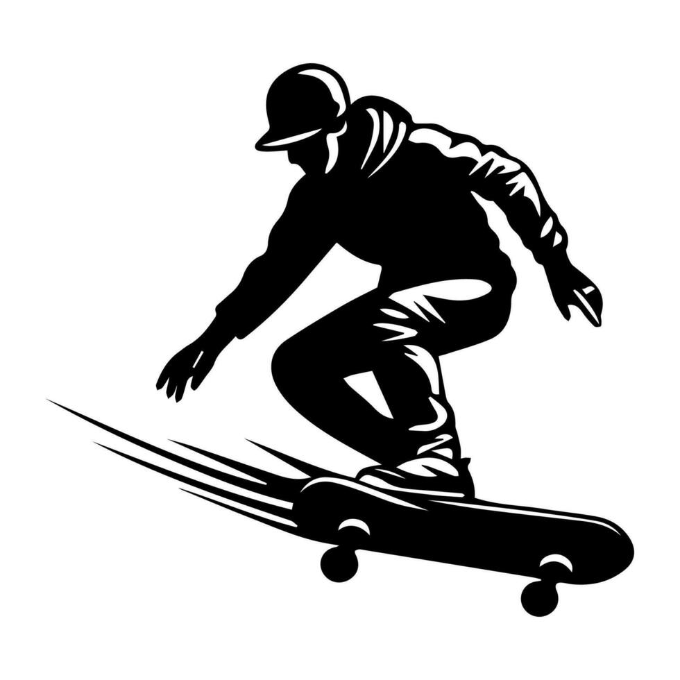 Skater Silhouette isoliert auf Weiß Hintergrund. Skateboard. Vektor Illustration.