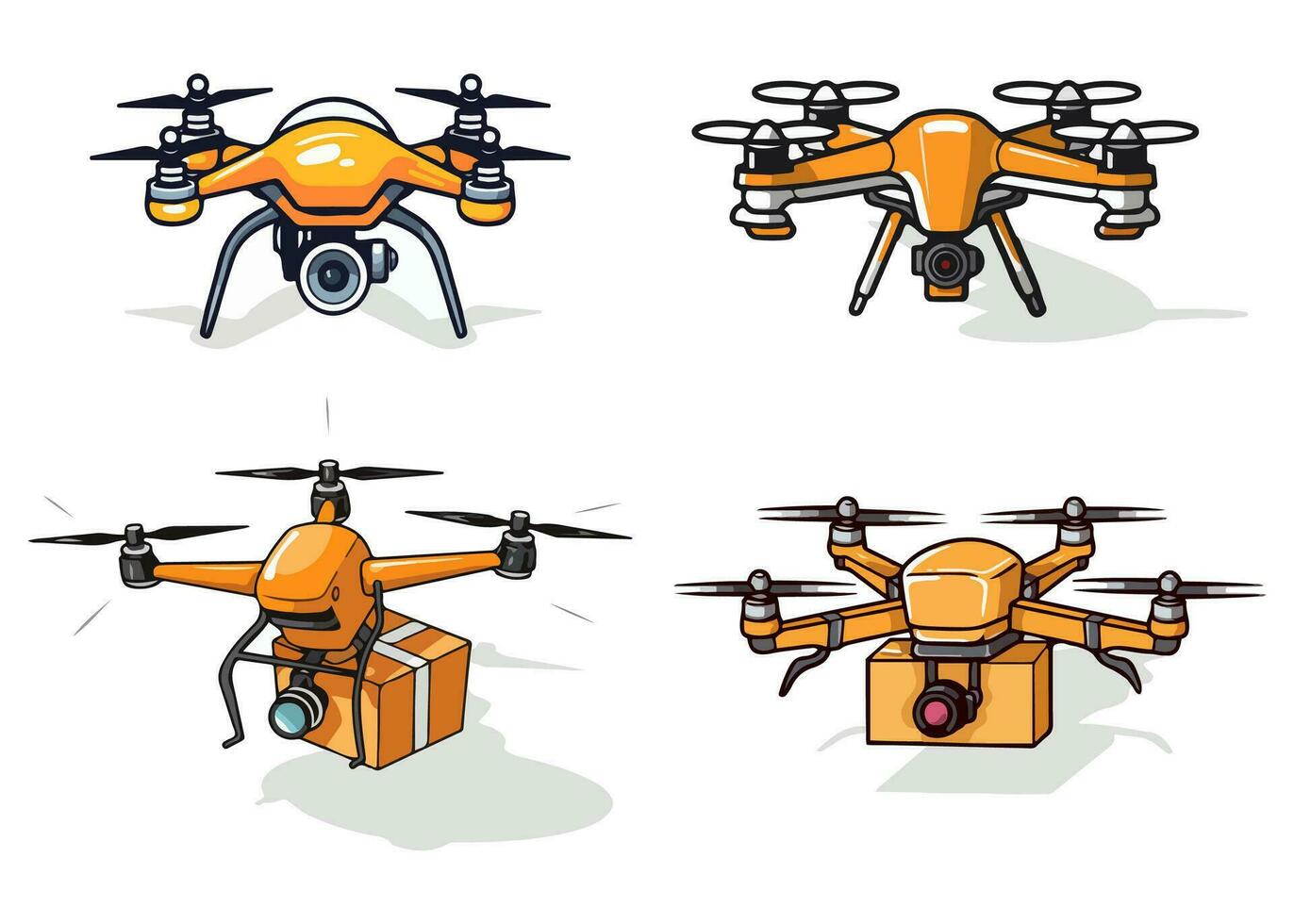 uppsättning av quadcopter antenn Drönare med kamera för fotografi, video övervakning eller leverans isolerat på vit bakgrund. tecknad serie stil. vektor illustration för några design.