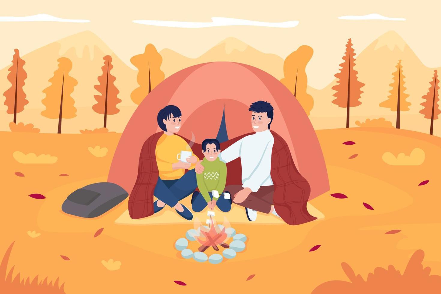 Familiencamping im Herbst flache Farbvektorillustration. Mutter und Vater sitzen mit Kind in der Nähe von Wanderzelt. glückliche eltern mit kind 2d-zeichentrickfiguren mit landschaft im hintergrund vektor