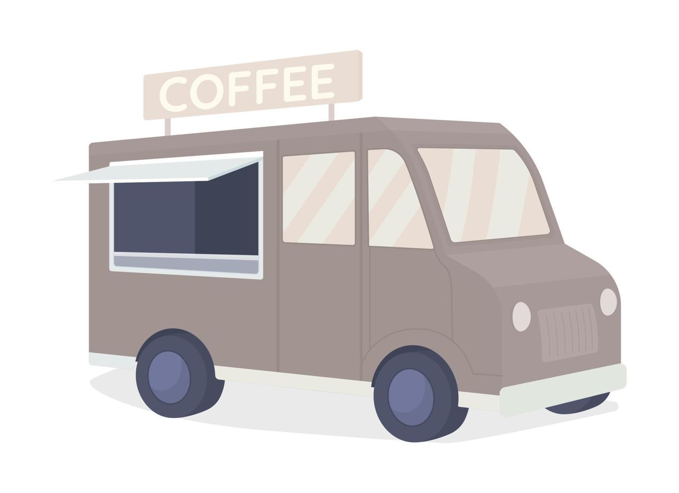 Kaffee-LKW halbflaches Farbvektorobjekt. Getränke verkaufen. realistischer Artikel in voller Größe auf weiß. Espresso-Bar im Van isolierte moderne Cartoon-Stil-Illustration für Grafikdesign und Animation vektor