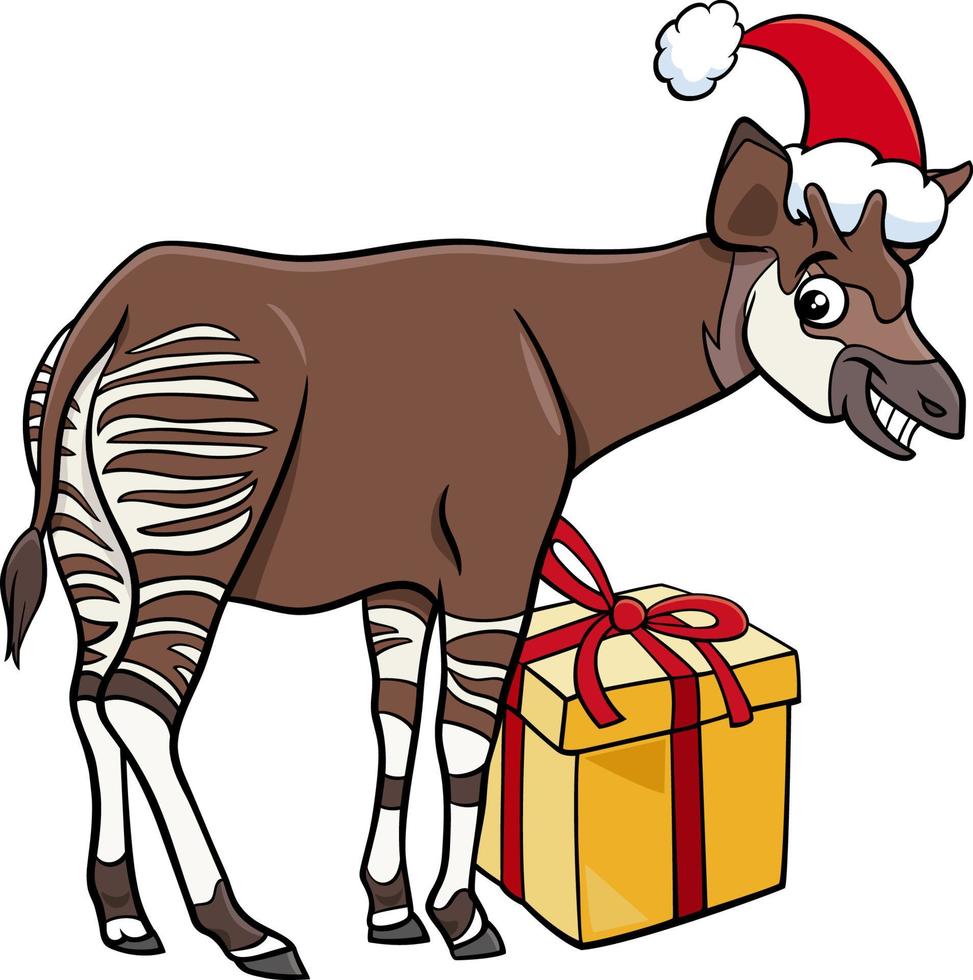Cartoon-Okapi-Tierfigur mit Geschenk zur Weihnachtszeit vektor