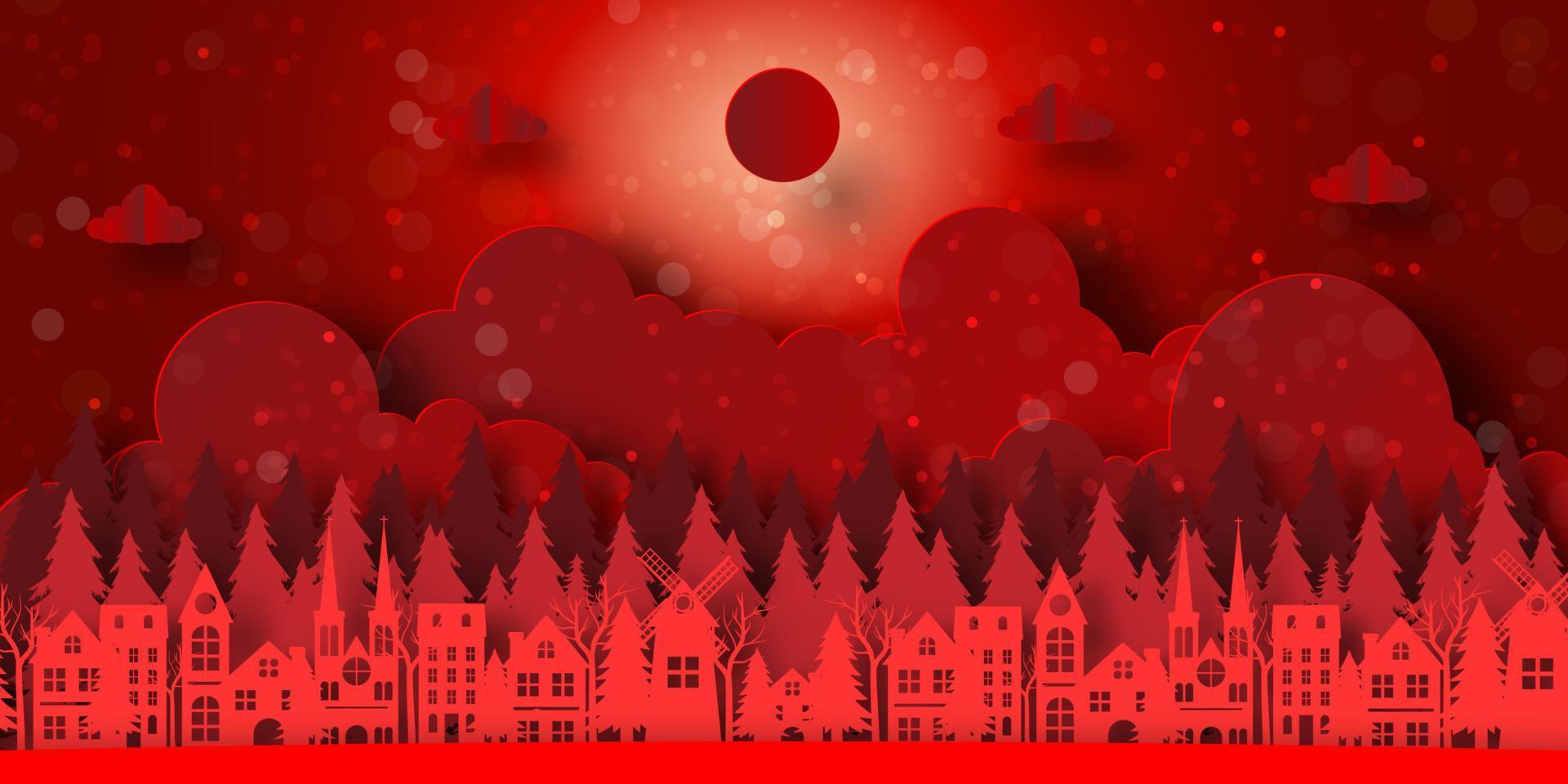 Frohe Weihnachten und ein glückliches neues Jahr, rotes Hintergrundbanner der Stadt mit Kiefernwald vektor