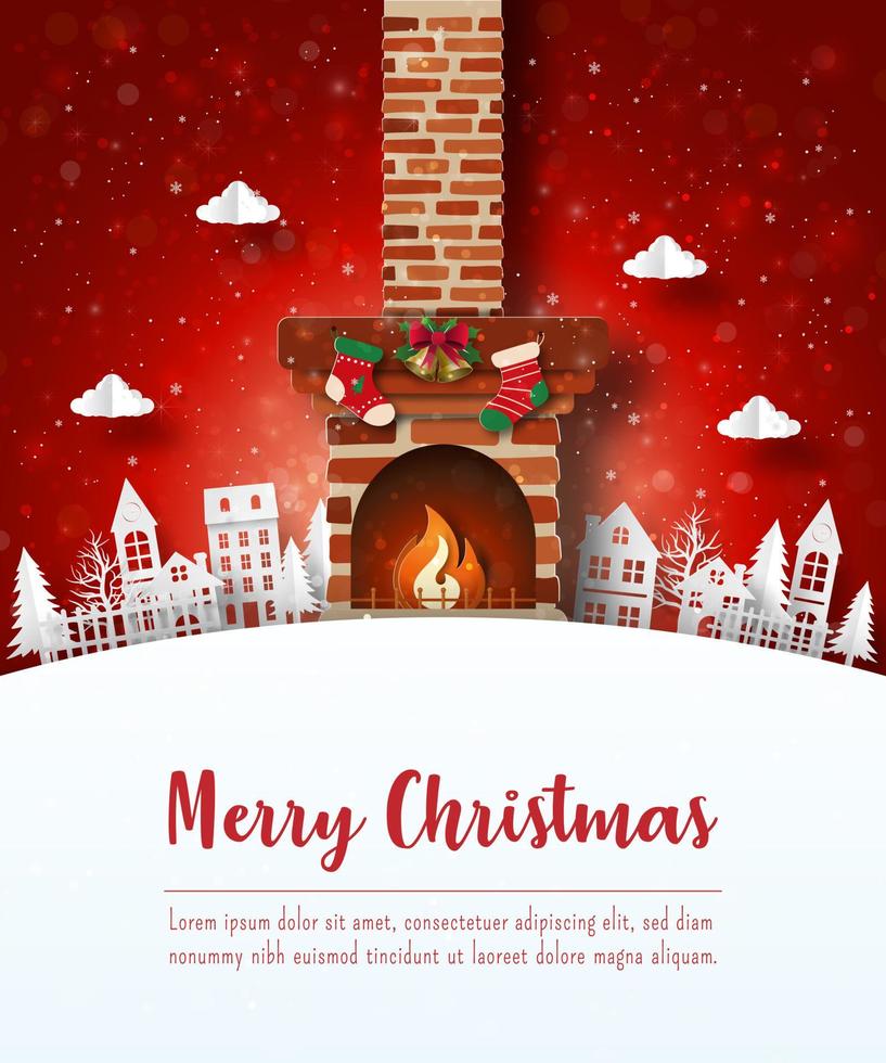frohe weihnachten und ein gutes neues jahr, weihnachtspostkarte von weihnachten im dorf, papierkunststil vektor