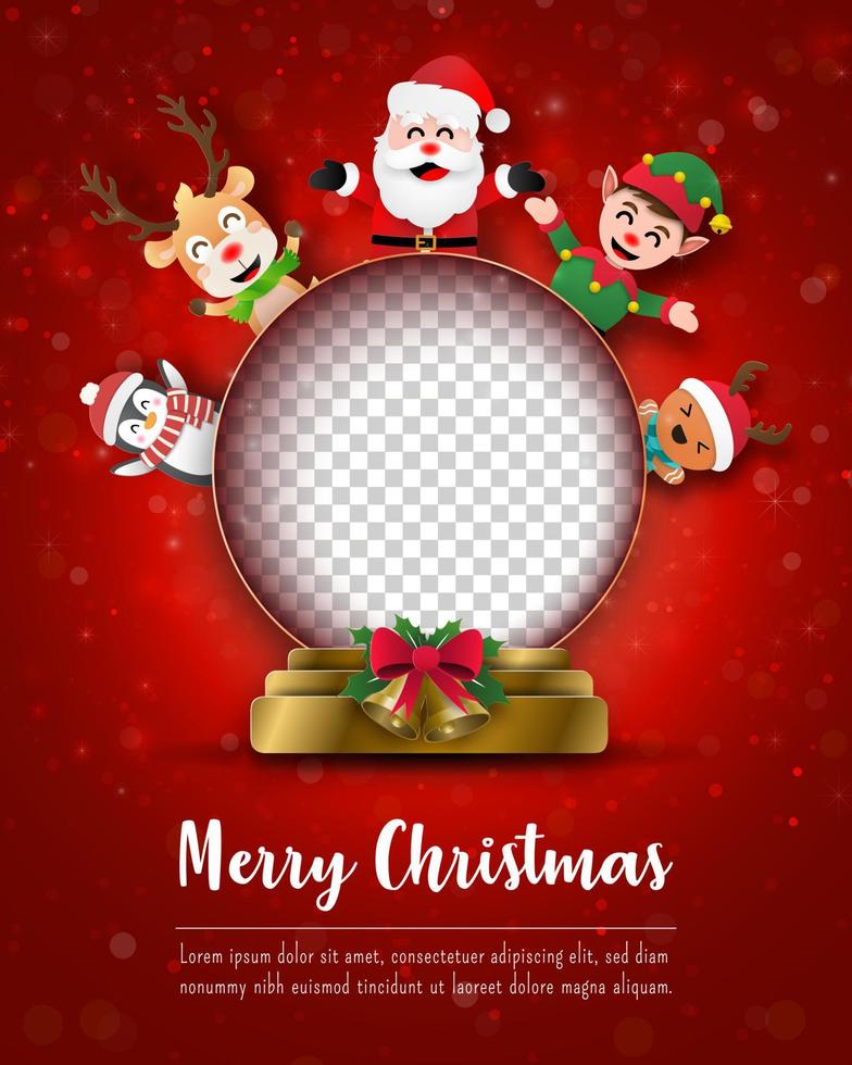 Frohe Weihnachten und ein glückliches neues Jahr, Weihnachtspostkarte mit Leerzeichen in Weihnachten mit Weihnachtsmann und Freunden, Papierkunststil vektor