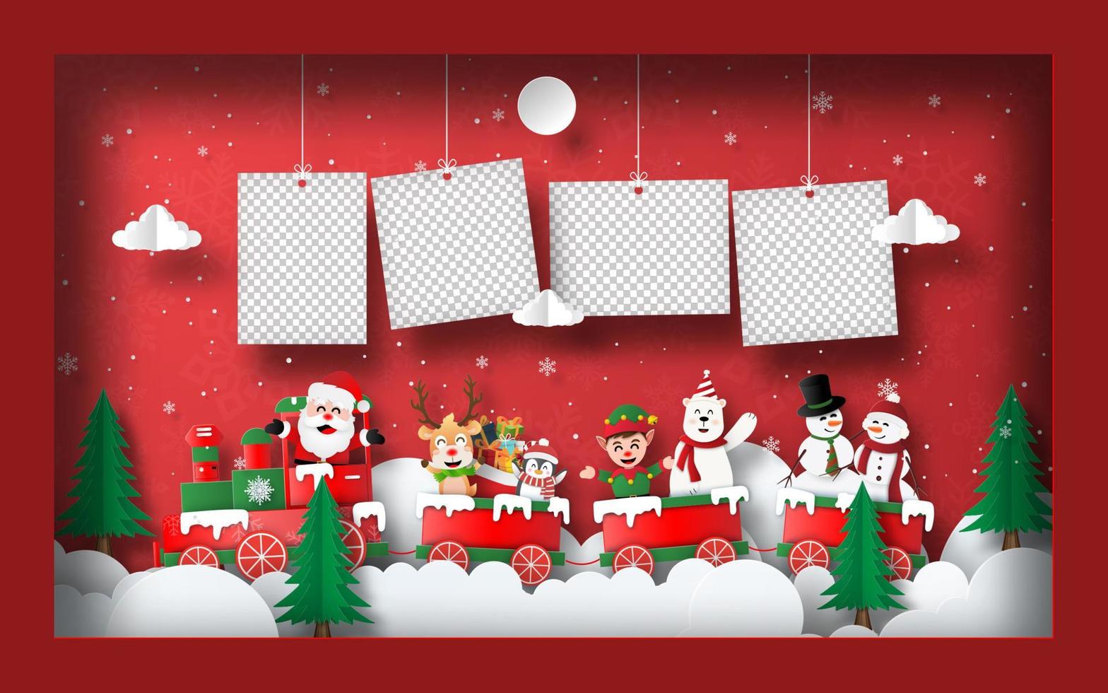 origami papper konst av tomt foto med jultomten och vänner på ett jultåg i ram, vykort banner bakgrund vektor