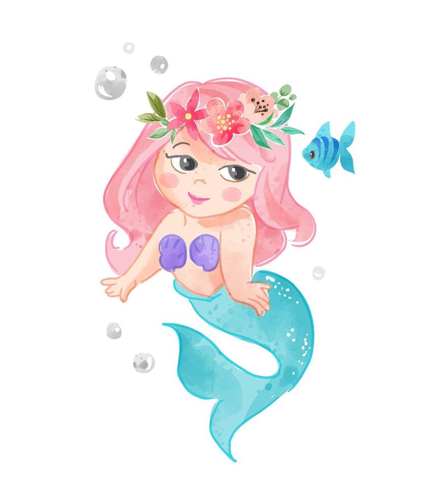 süße kleine Meerjungfrau mit Blumenkronenillustration vektor