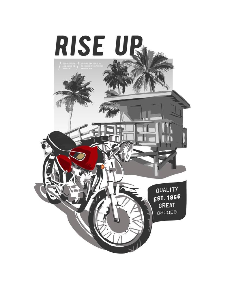 stiga upp slogan med motorcykel på strandstuga och palmer bakgrund vektor