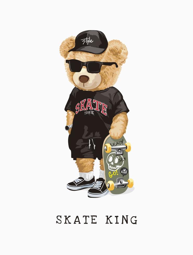 Skate-König-Slogan mit Bärenspielzeug im T-Shirt und Skateboard-Illustration vektor