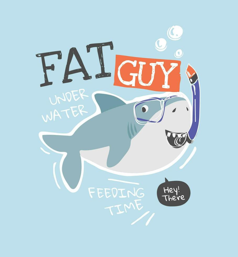 fett kille slogan med tecknad serie haj vektor illustration