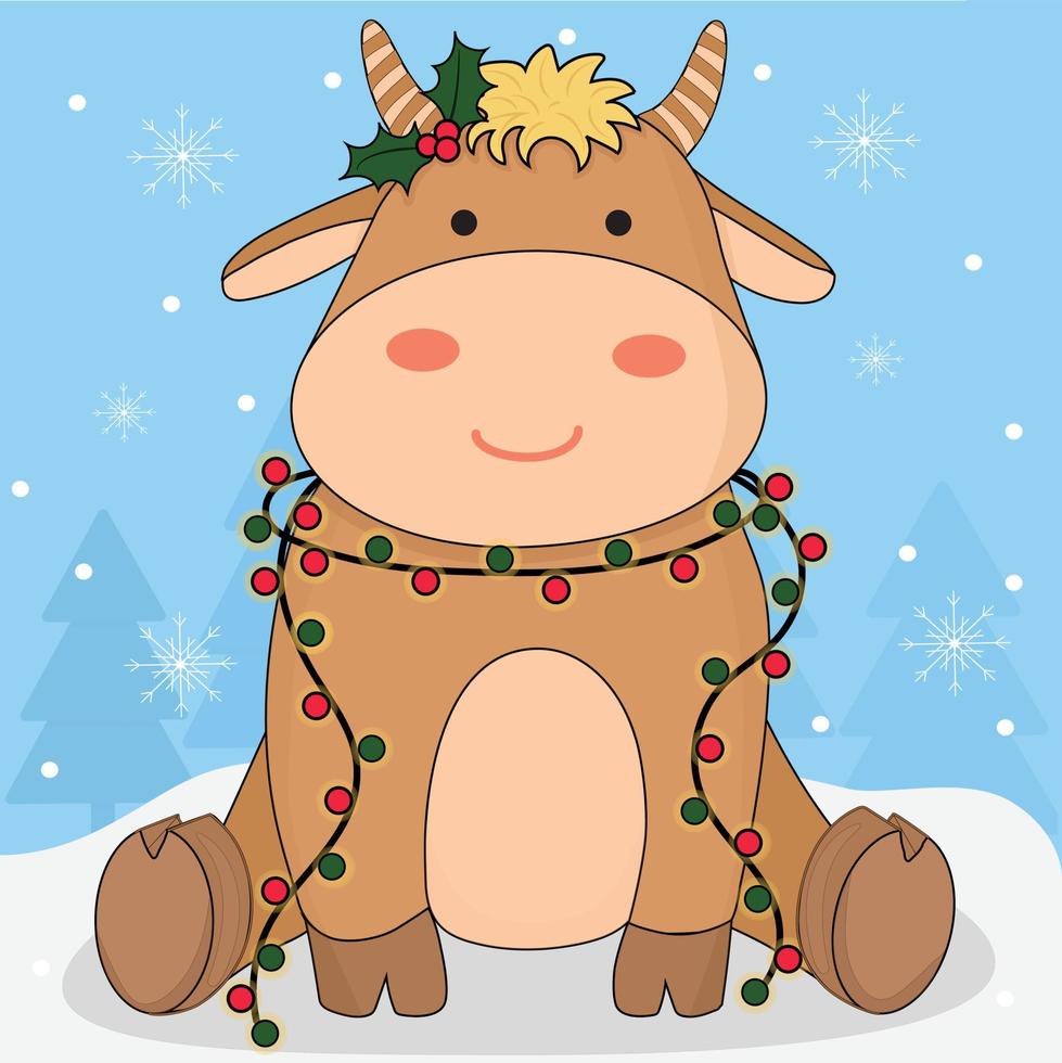 Baby Kuh Stier süße Tierfigur mit Stechpalmenbeere und Weihnachtslichtgirlande auf Winterhintergrund mit Schneeflocken und Weihnachtsbaum. Weihnachten, Neujahrsgrußkarte vektor