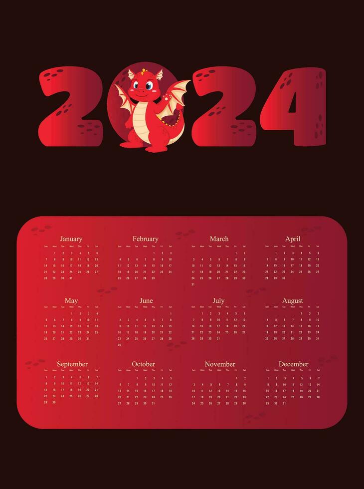 vektor kinesisk kalender 2024 kalender med söt drake