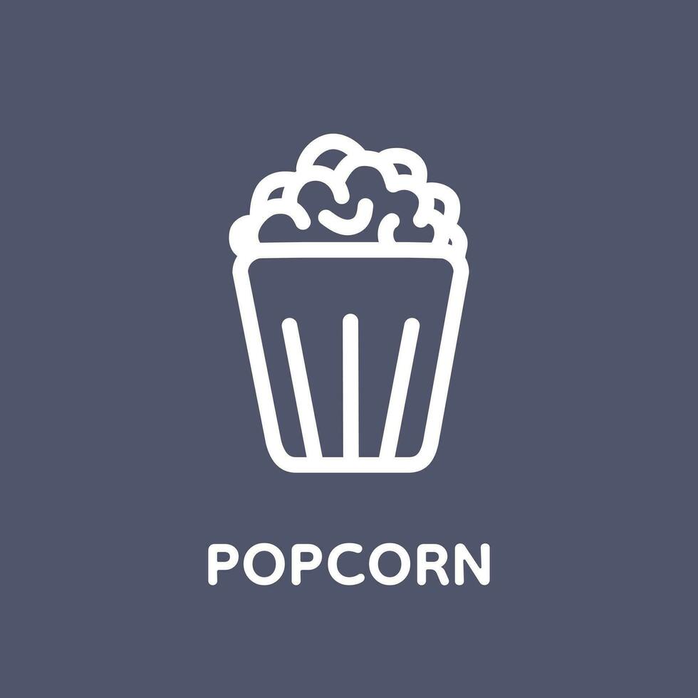 Popcorn Linie Symbol mit Text. Popcorn, Eimer, Kasten. Vektor Illustration isoliert auf dunkel Hintergrund. Essen, Snack.
