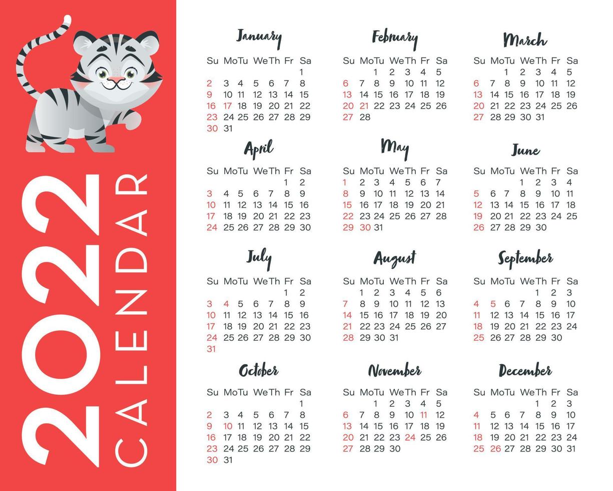 Kalender 2022 für die Vereinigten Staaten mit Tigerillustration, Symboljahr. Kalenderraster auf Englisch vektor