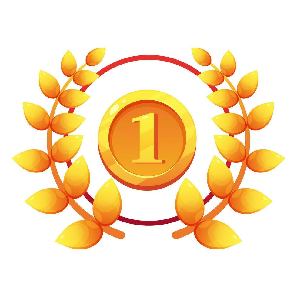 Emblem, vergeben von das Gewinner. Gold Medaille mit das Nummer 1 im Rahmen von Kranz von Lorbeer Blätter vektor
