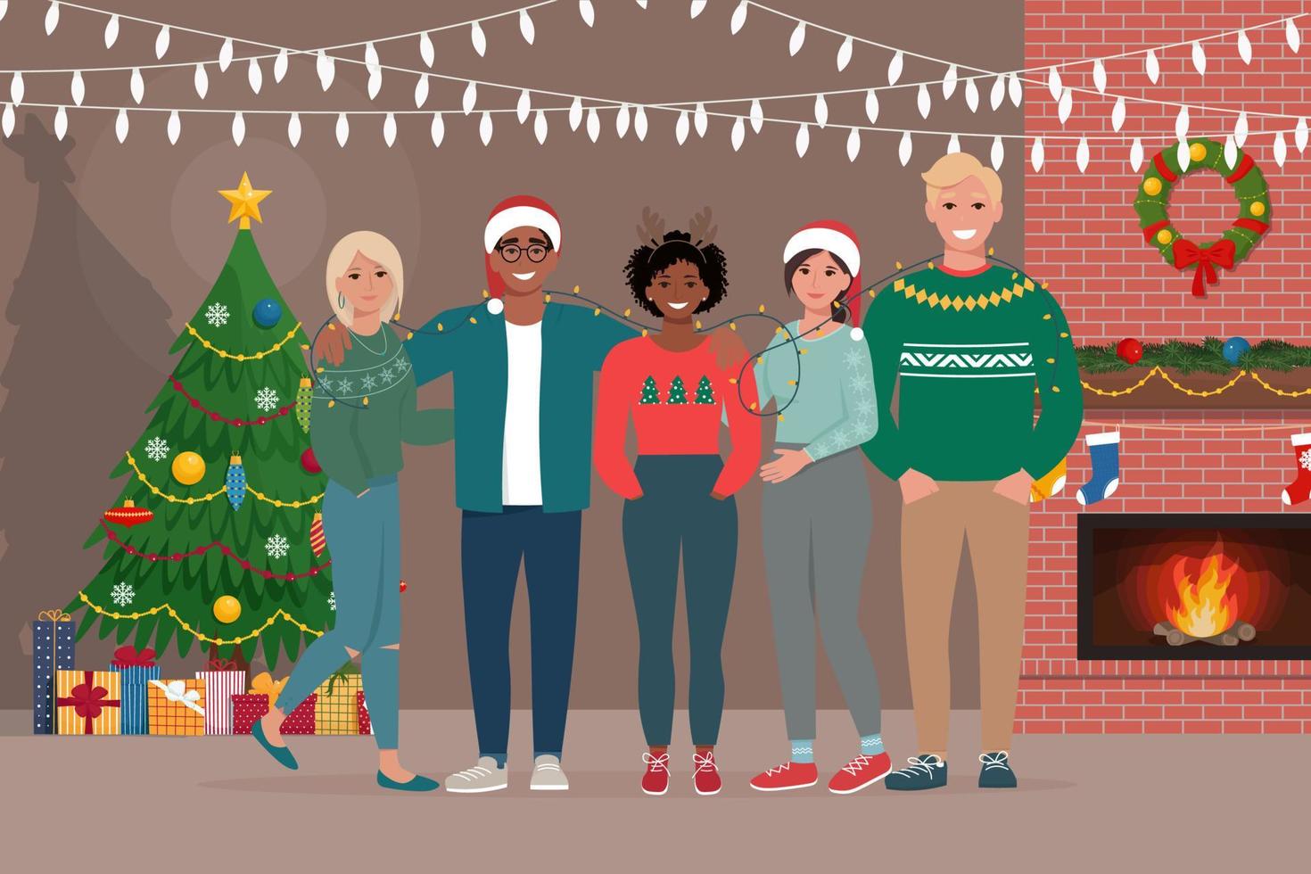 grupp unga firar jul eller nyår hemma tillsammans. vektor illustration i platt stil