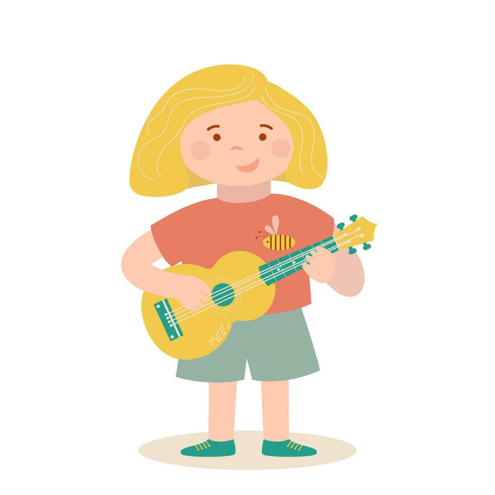 liten söt pojke är spelar leksak barnslig gitarr eller ukulele. musik vektor tecknad serie illustration.