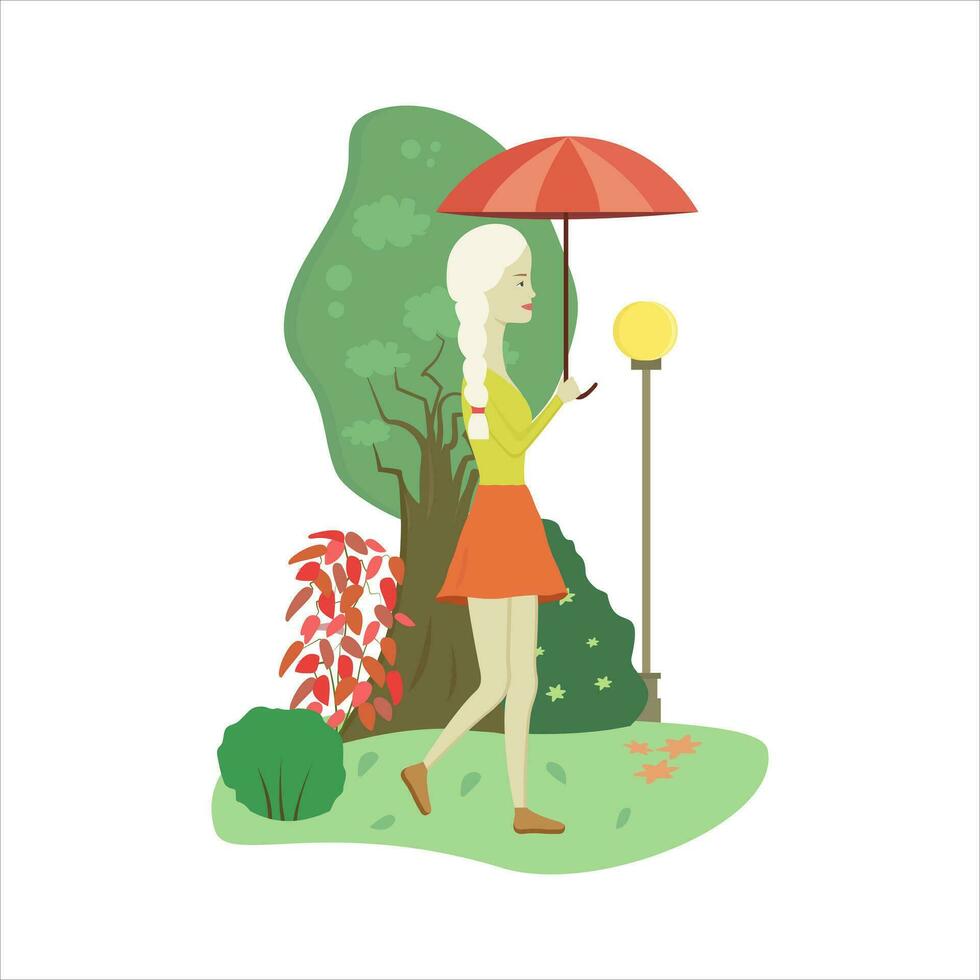 en söt flicka promenader och slappnar av med ett paraply i de parkera. platt vektor illustration