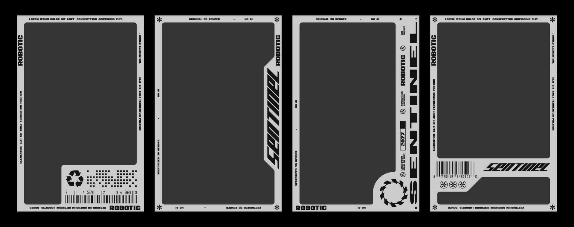 cyber estetisk affisch layout mall samling. vinkel- sci fi ram för affisch uppsättning. vektor