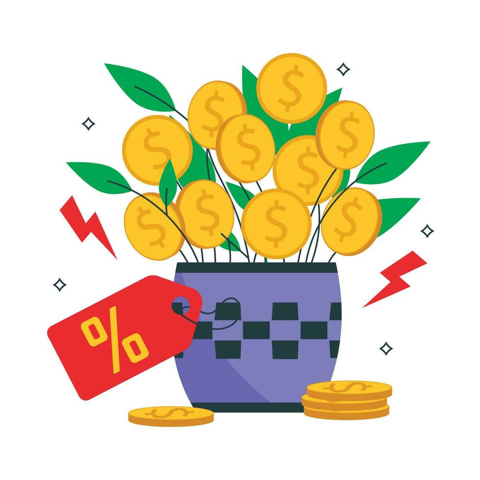 finanziell Wachstum. Illustration zum das finanziell Industrie. Geld Baum oder Pflanze mit Münzen, Preis Etikett mit Prozentsätze und Münzen. Vektor Grafik.