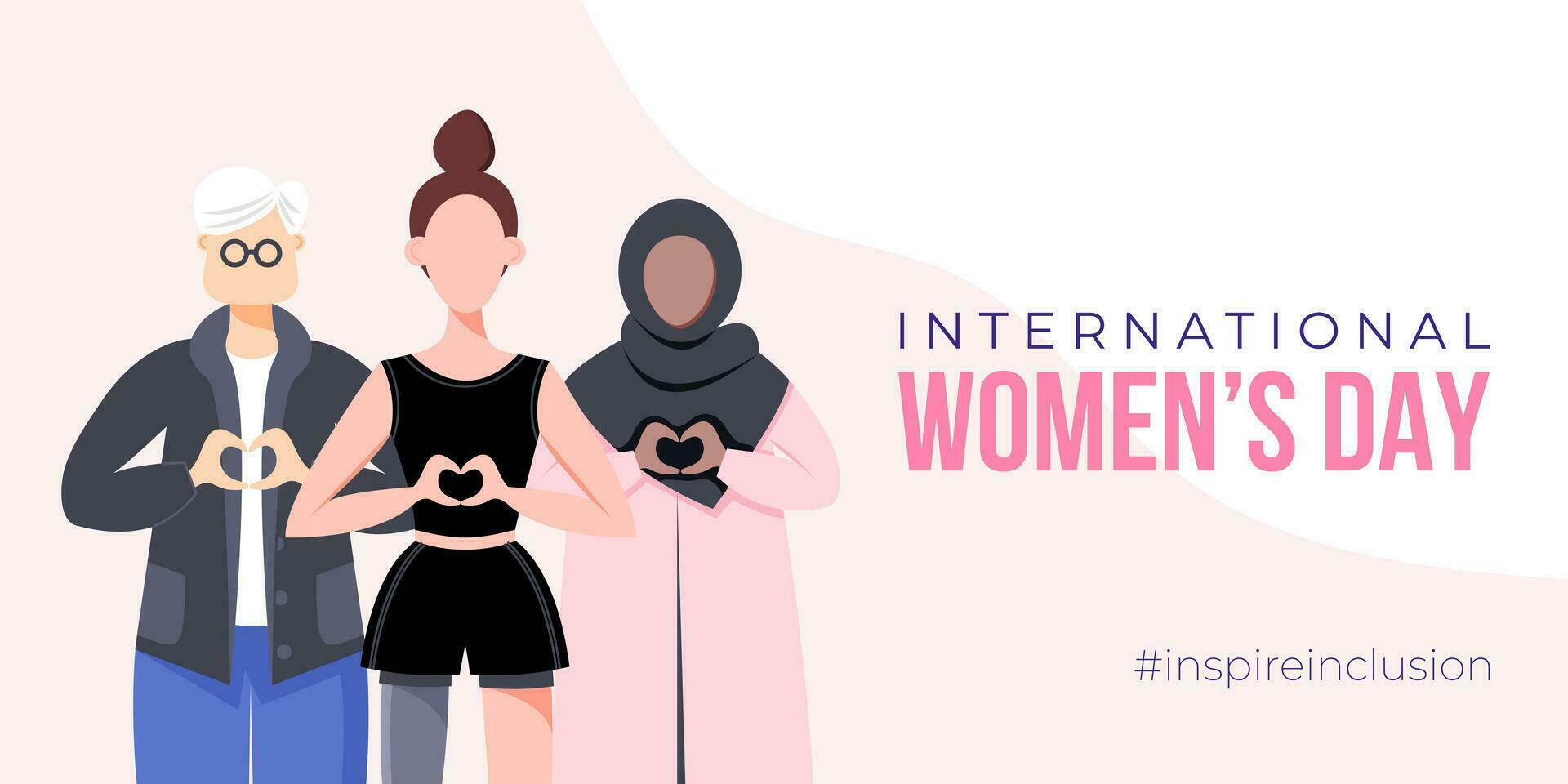 International Damen Tag Banner, Poster. inspirieren Aufnahme Kampagne. Gruppe von Frauen im anders Ethnizität, Alter, Körper Typ, Fähigkeiten, Haar Farbe und mehr. Vektor Illustration im eben Stil.