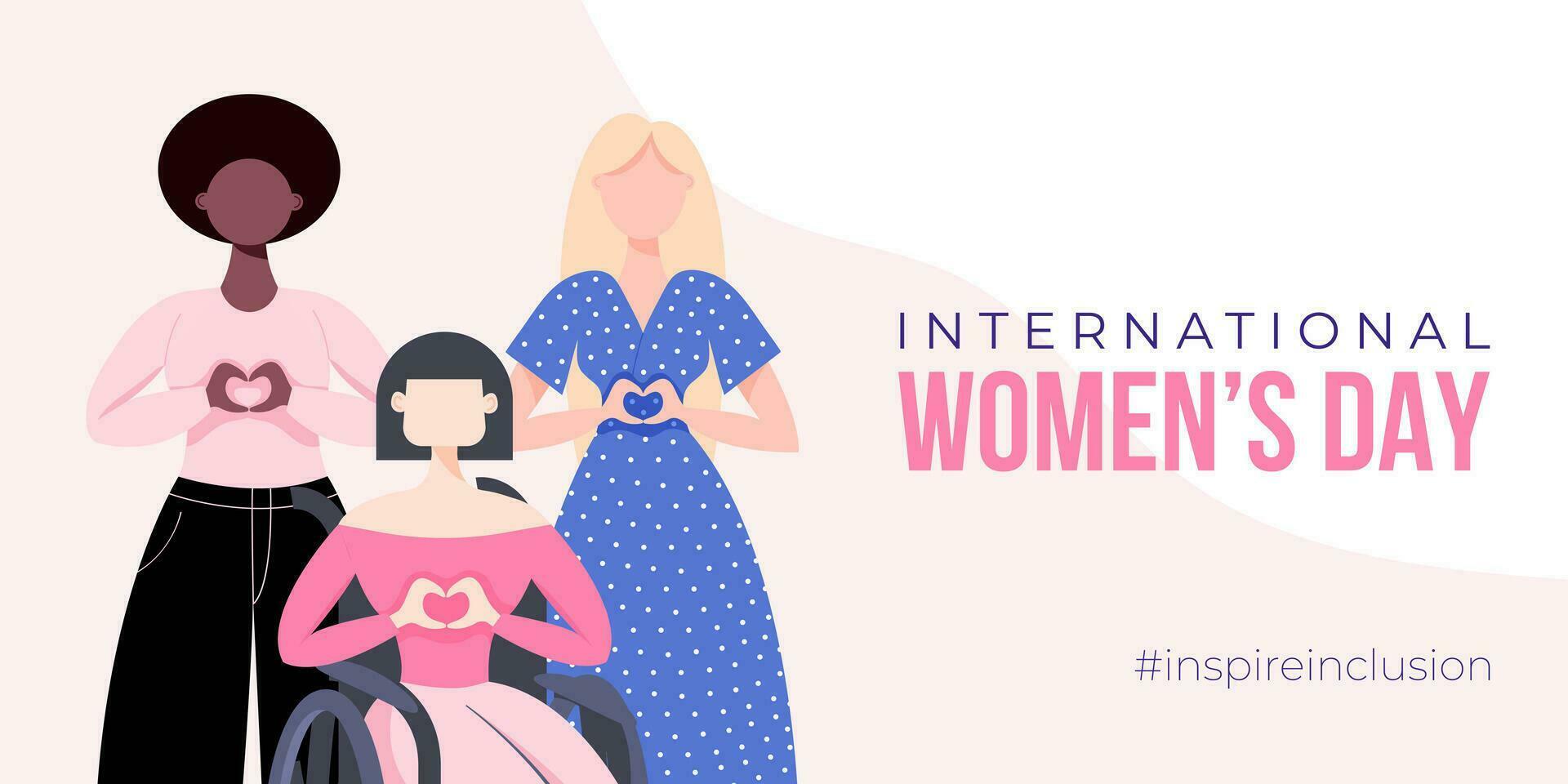 International Damen Tag Banner, Poster. inspirieren Aufnahme Kampagne. Gruppe von Frauen im anders Ethnizität, Alter, Körper Typ, Fähigkeiten, Haar Farbe und mehr. Vektor Illustration im eben Stil.