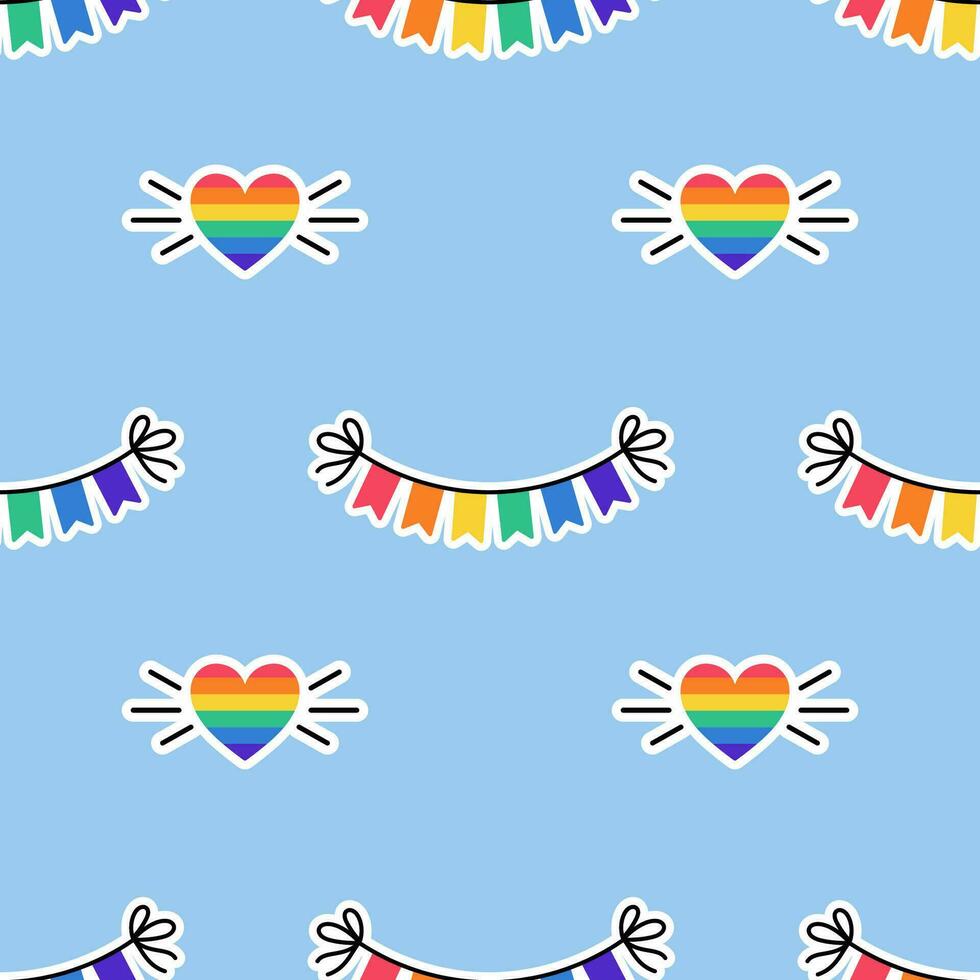 nahtlos Muster mit Regenbogen farbig Flaggen, Girlande und Herz. lgbt Aufkleber im Gekritzel Stil. lgbtq, lgbt Stolz Gemeinschaft Symbol. Vektor Illustration.