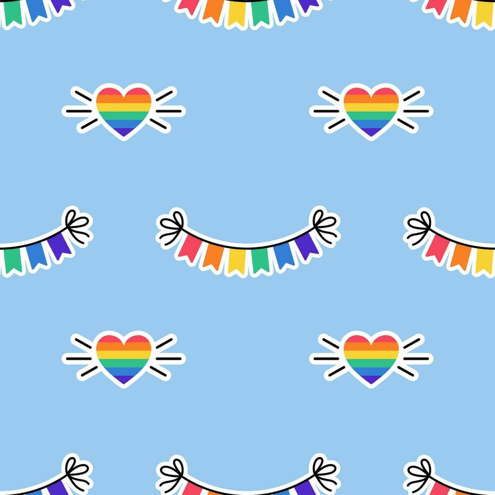 sömlös mönster med regnbåge färgad flaggor, krans och hjärta. HBTQ klistermärke i klotter stil. hbtq, HBTQ stolthet gemenskap symbol. vektor illustration.