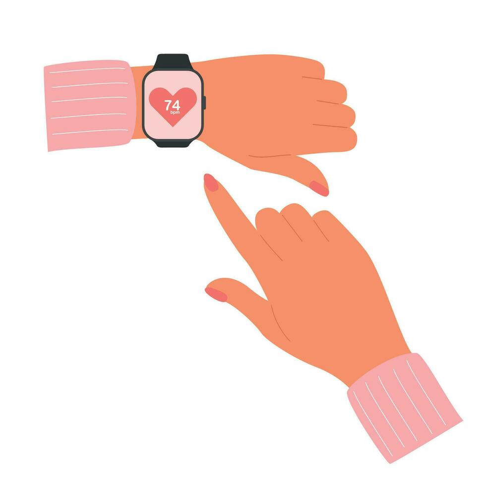 weiblich Hand mit Clever Uhr mit Herz schlagen Tracker auf Bildschirm. Gesundheitswesen App vektor