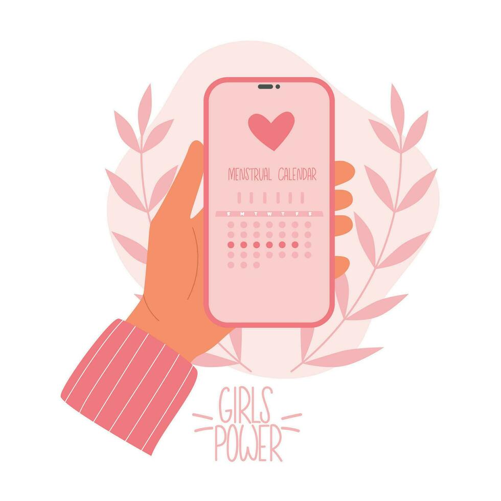 weiblich Hand hält Telefon im Hände mit ein Menstruation Kalender App. Damen Gesundheit Pflege Tracker vektor