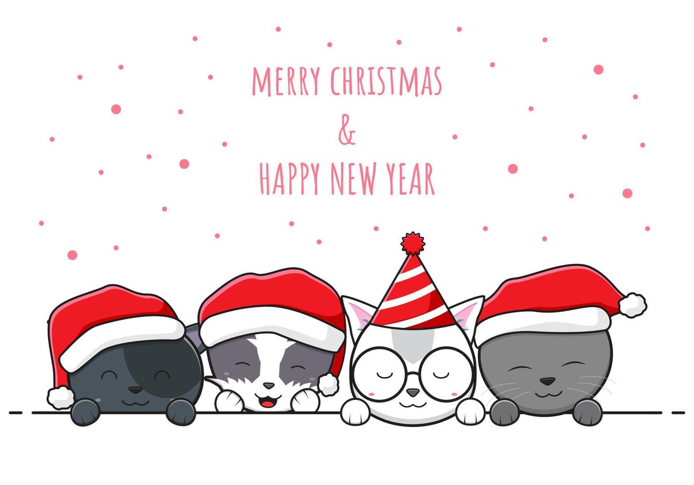 niedliche Katzenfamilie, die frohe Weihnachten und ein glückliches neues Jahrkarikaturgekritzelkartenhintergrundillustration grüßt vektor