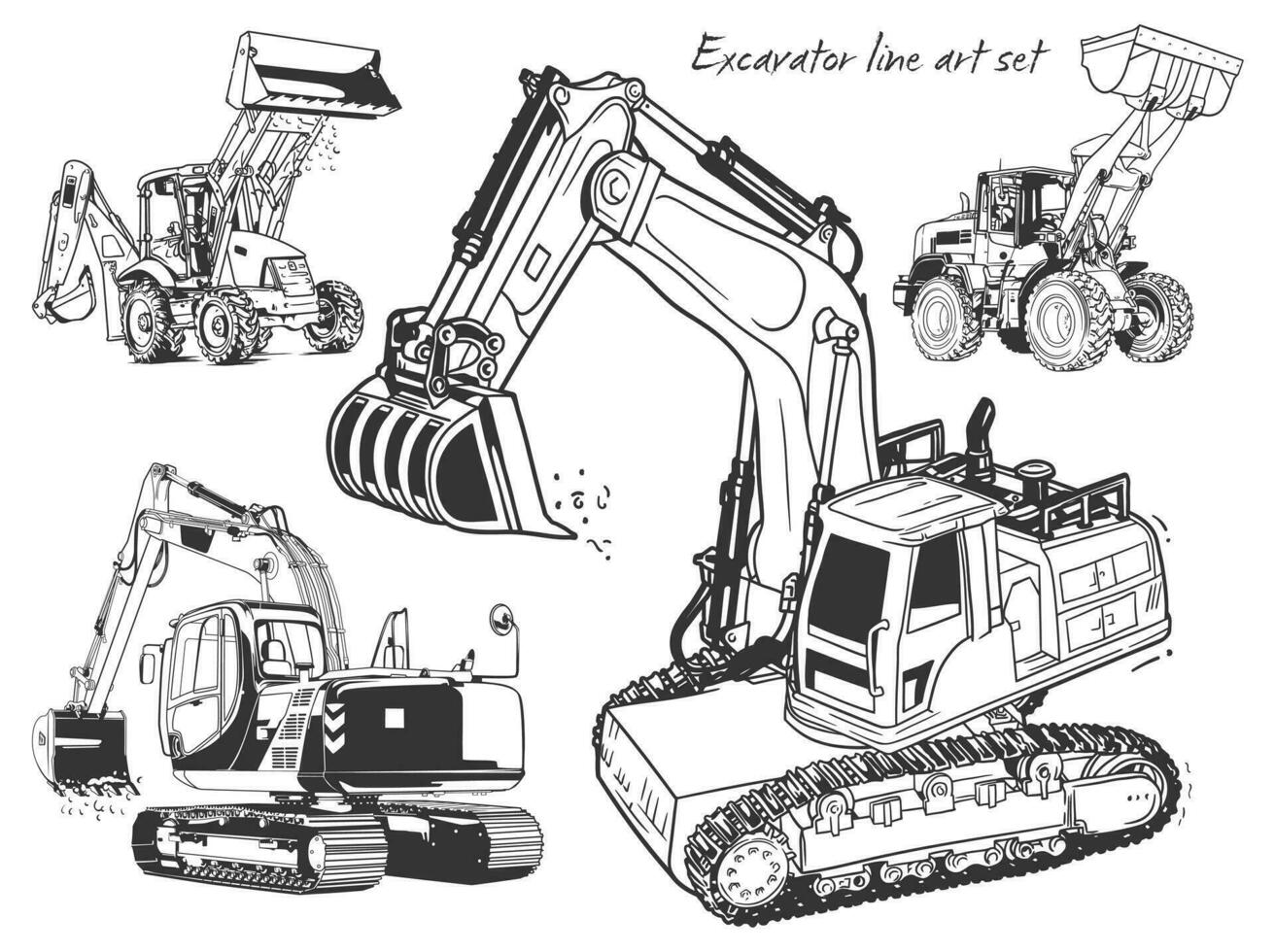 Vektor einstellen von Bagger. Vektor Illustration von ein einstellen von Konstruktion Ausrüstung.